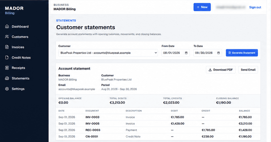 MADOR Billing customer statement screen showing account history, debits, credits and running balances.