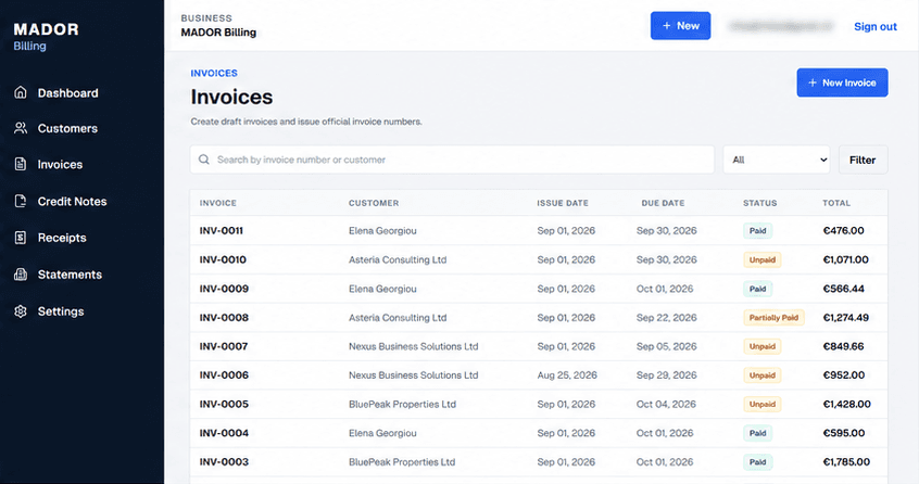 MADOR Billing invoices screen showing invoice records, totals, due dates and payment statuses.